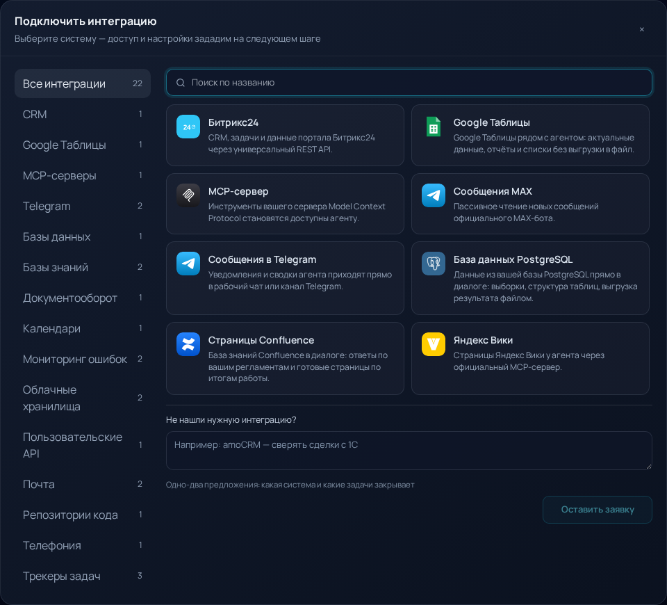 Каталог интеграций в рабочей области Aether Lab